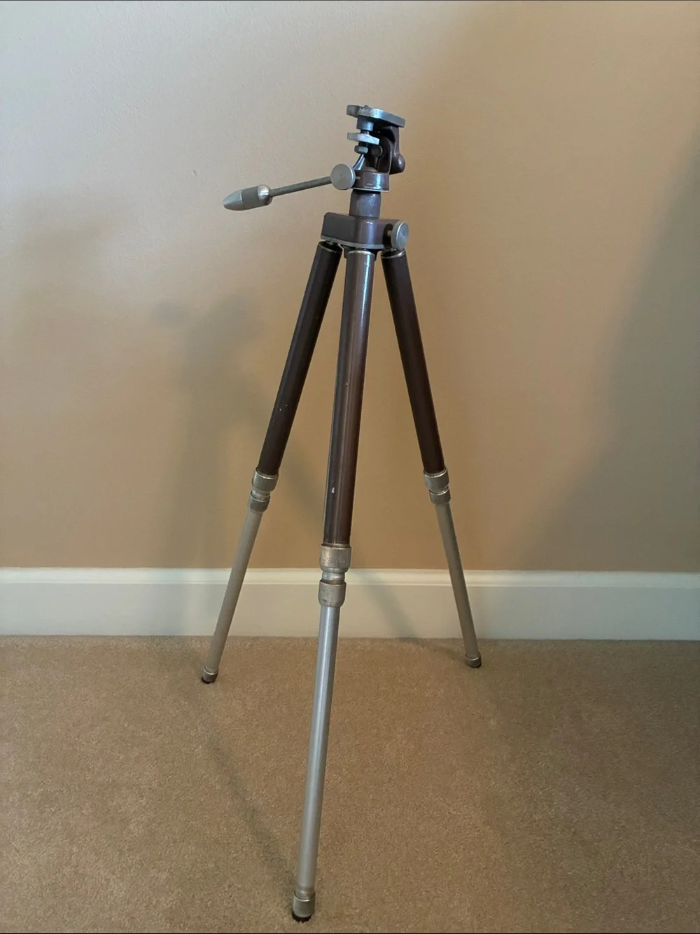 Vintage Brown and Silver Camera Tripod - Adjustable Support